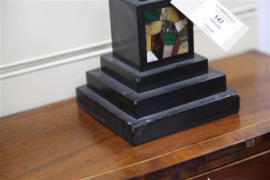 A 19th century black slate and specimen marble obelisk, 17.5in.